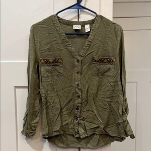 bohme Olive Green Button-Front Shirt with Embroidered Pocket Trim